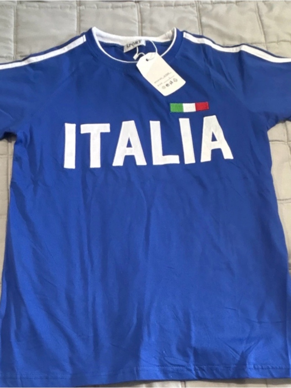 Sporto Blue ITALIA Men’s Short Sleeve Tee with White Lettering, 100% cotton